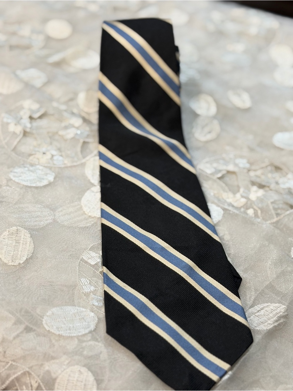 Polo by Ralph Lauren Black Silk Tie with Blue and Cream Stripes